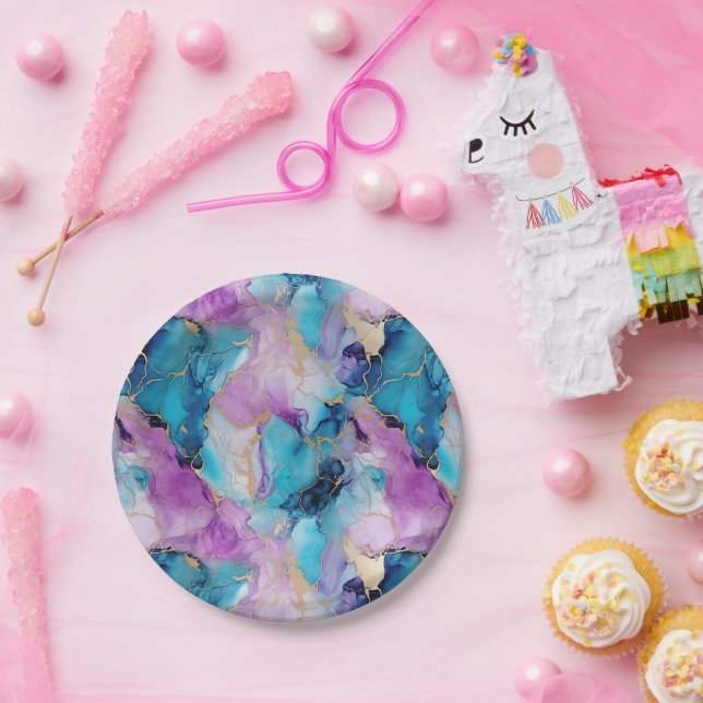Turquoise Aqua Purple Gold Marble Paper Plate (Party)