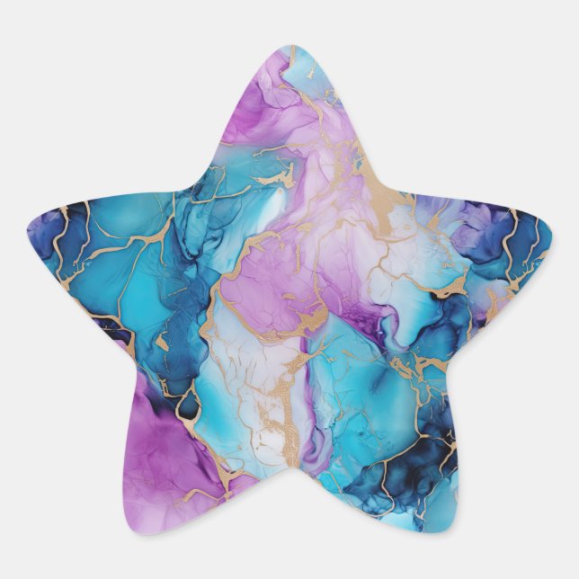 Turquoise Aqua Purple Gold Marble Star Sticker (Front)