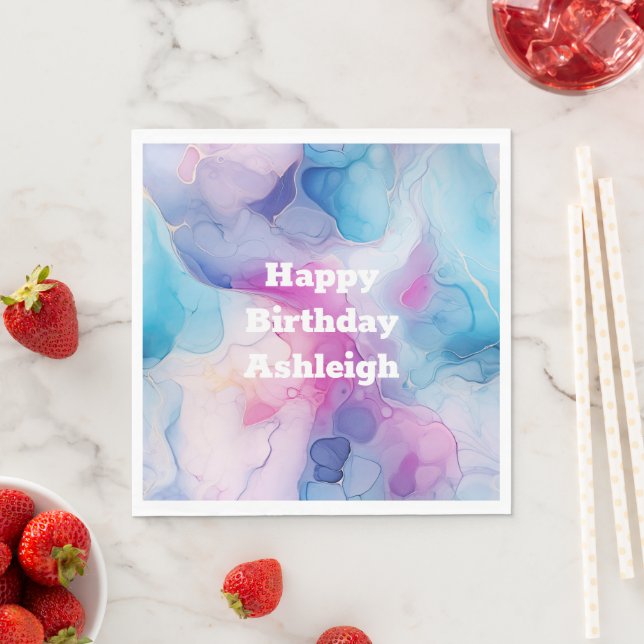 Turquoise Aqua Purple Pink Marble Birthday Napkin (Insitu)