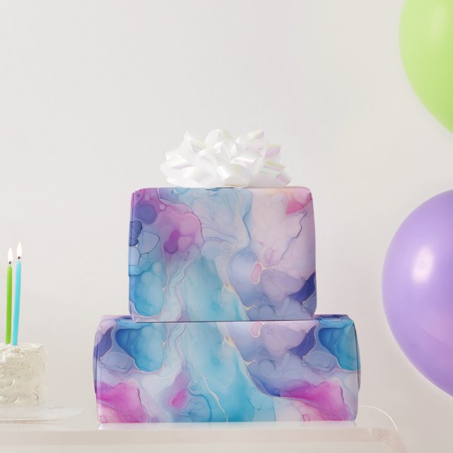 Turquoise Aqua Purple Pink Marble Birthday Wrapping Paper (Party Gifts)