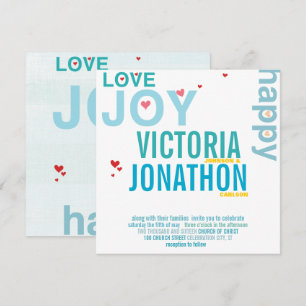 Turquoise Aqua Red Heart Modern Typography Wedding Invitation