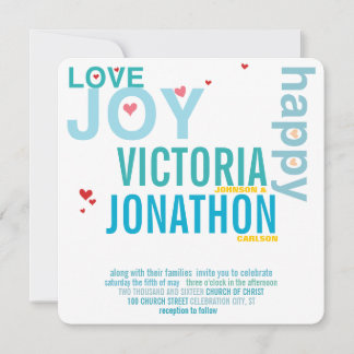 Turquoise Aqua Red Heart Modern Typography Wedding Invitation
