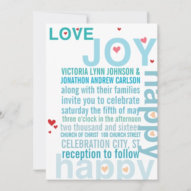 Turquoise Aqua Red Heart Modern Typography Wedding Invitation (Front)