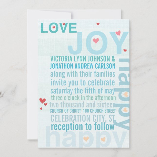 Turquoise Aqua Red Heart Modern Typography Wedding Invitation (Front)