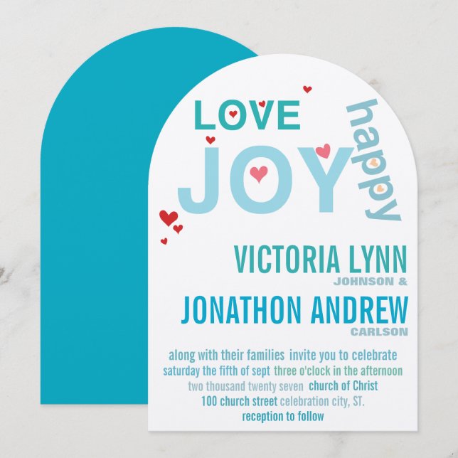 Turquoise Aqua Red Heart Modern Typography Wedding Invitation (Front/Back)
