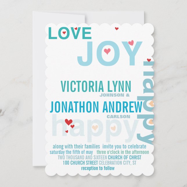 Turquoise Aqua Red Heart Modern Typography Wedding Invitation (Front)