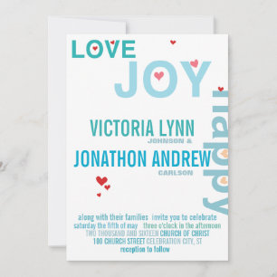 Turquoise Aqua Red Heart Modern Typography Wedding Invitation