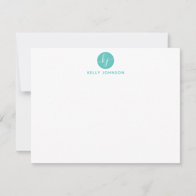 Turquoise Aqua Script Monogram Circle Modern Girly Card (Front)