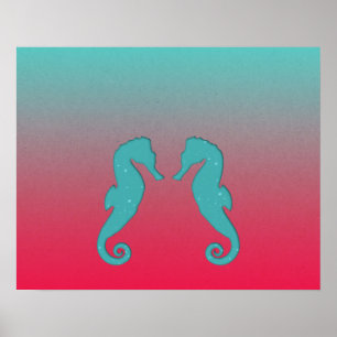 Turquoise aqua seahorses nautical Poster print
