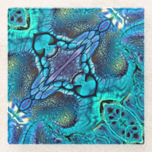 Turquoise Aqua teal blue purple gold abstract Glass Coaster