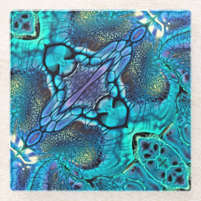 Turquoise Aqua teal blue purple gold abstract Glass Coaster (Front)