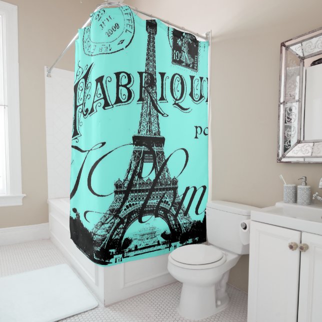 turquoise aqua teal scripts Paris Eiffel Tower Shower Curtain (In Situ)