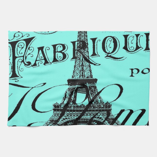 turquoise aqua teal scripts Paris Eiffel Tower Tea Towel (Horizontal)