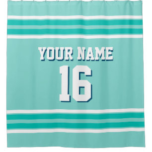 Turquoise Aqua Teal White Stripes Sports Jersey Shower Curtain