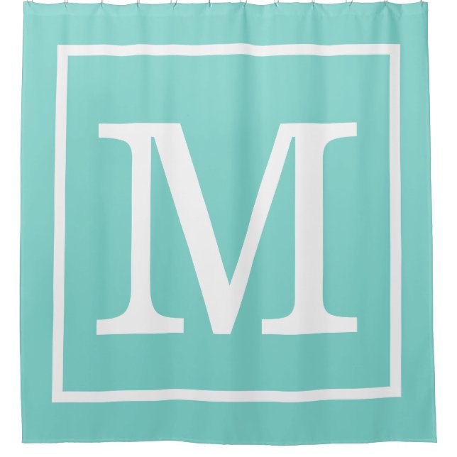Turquoise Aqua White Framed XL Initial Monogram Shower Curtain (Front)