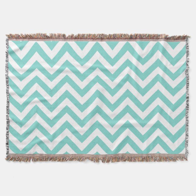 Turquoise Aqua White Large Chevron ZigZag Pattern Throw Blanket (Front)
