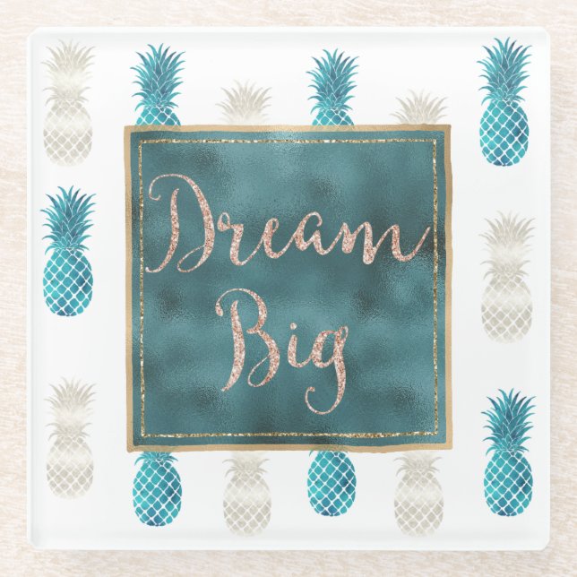Turquoise Aqua White Pineapples Dream    Glass Coaster (Front)