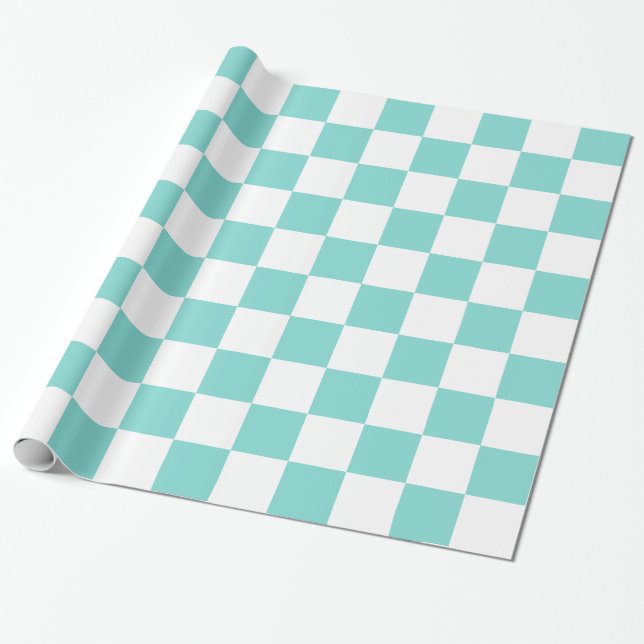 Turquoise Aqua White XL Chequered Board Pattern Wrapping Paper (Unrolled)