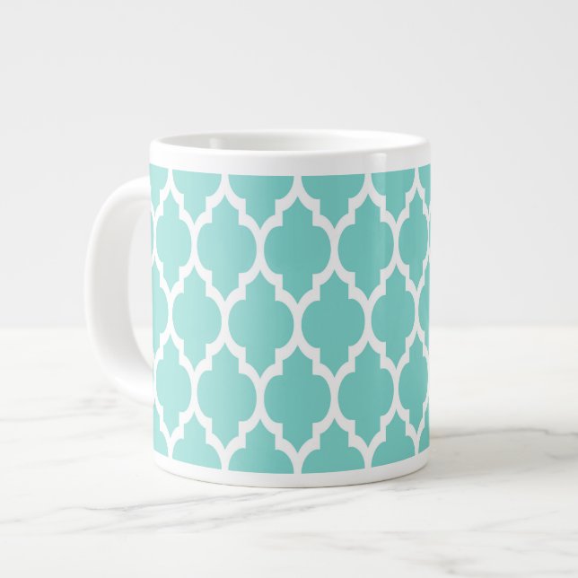 Turquoise Aqua Wht Moroccan Quatrefoil Pattern #4 Large Coffee Mug (Front Left)