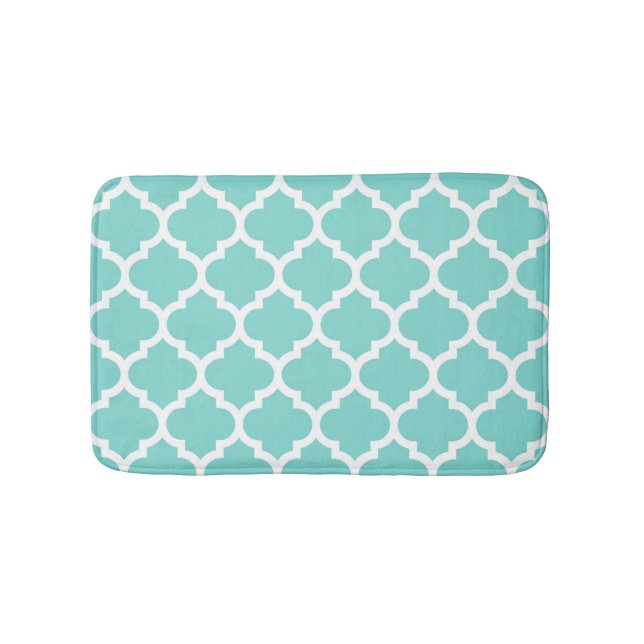 Turquoise Aqua Wht Moroccan Quatrefoil Pattern #5 Bath Mat (Front)