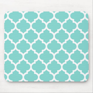 Turquoise Aqua Wht Moroccan Quatrefoil Pattern #5 Mouse Mat