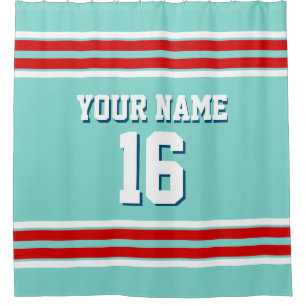 Turquoise Aqua with Red Wht Stripes Sports Jersey Shower Curtain