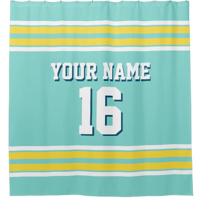 Turquoise Aqua Yellow White Stripes Sports Jersey Shower Curtain (Front)