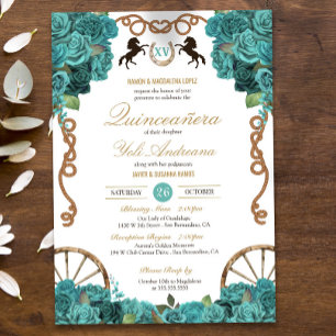 Turquoise Aquamarine Western Charra Quinceañera Invitation