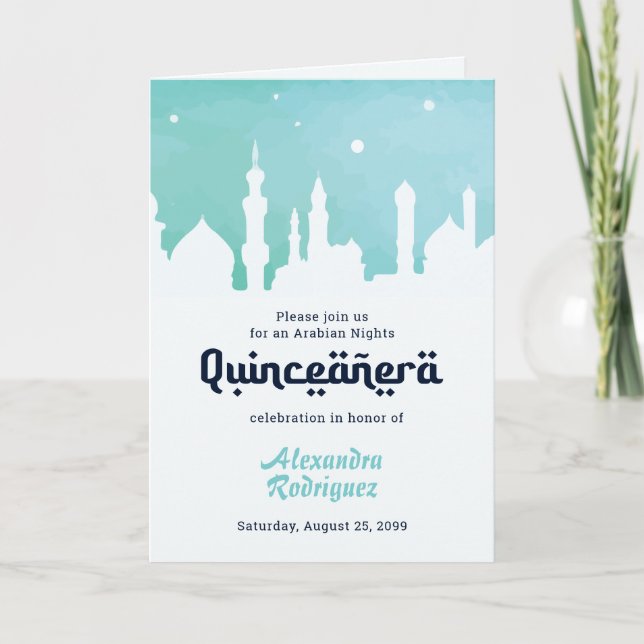 Turquoise Arabian Nights Watercolor Quinceañera Invitation (Front)
