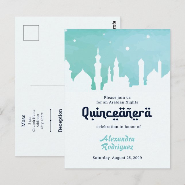Turquoise Arabian Nights Watercolor Quinceañera Postcard (Front/Back)