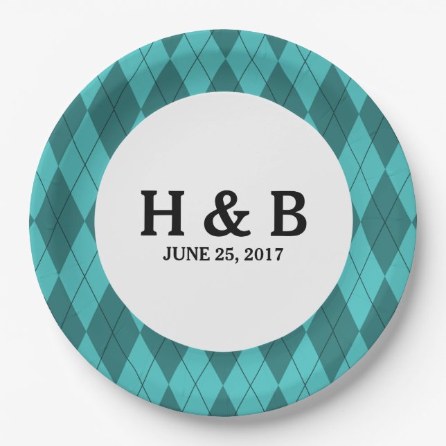 Turquoise Argyle Wedding Paper Plates (Front)