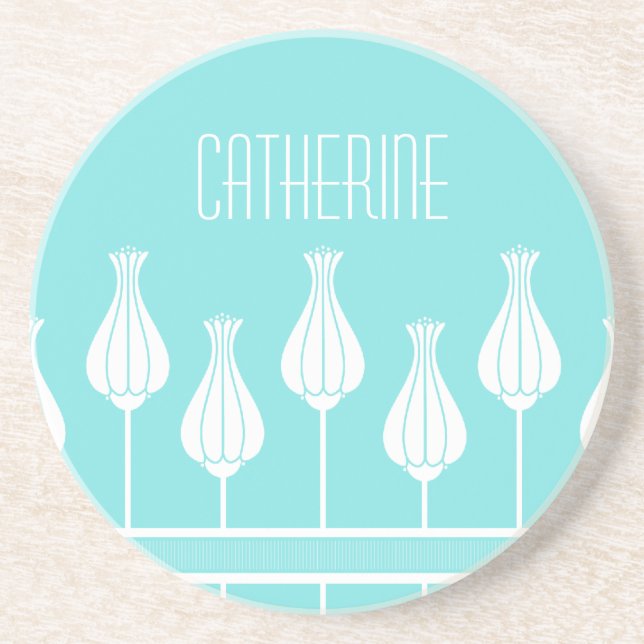 Turquoise Art Deco Floral Coaster (Front)