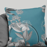 Turquoise Artistic Floral Design Throw Pillow<br><div class="desc">Stylish throw pillow features an artistic botanical floral design in a turquoise colour palette with silver grey and black accents. An artistic floral design features a blooming myrtle branch and an abstract composition with faint geometric circles and olive branches and blooming flowers on a burgundy wine coloured background. This layered...</div>
