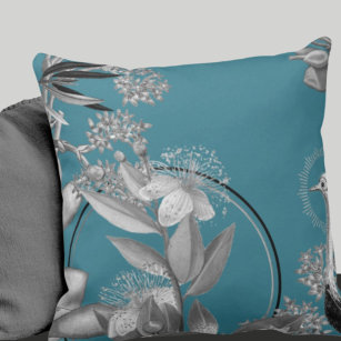 Turquoise Artistic Floral Design Throw Pillow