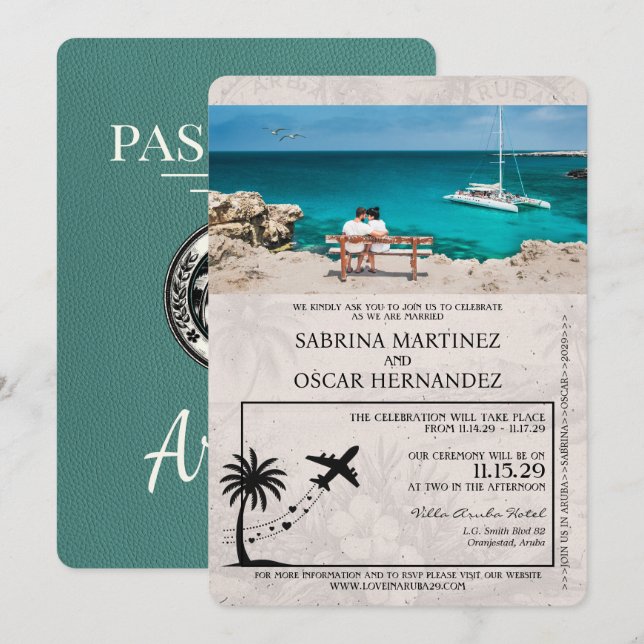 Turquoise Aruba Passport Wedding Invitation (Front/Back)