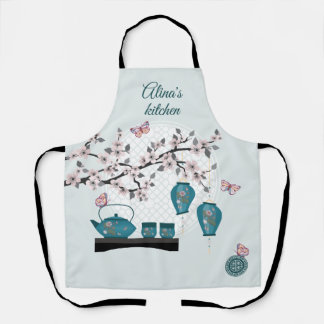 Turquoise Asian tea set butterflies in blossom Apron