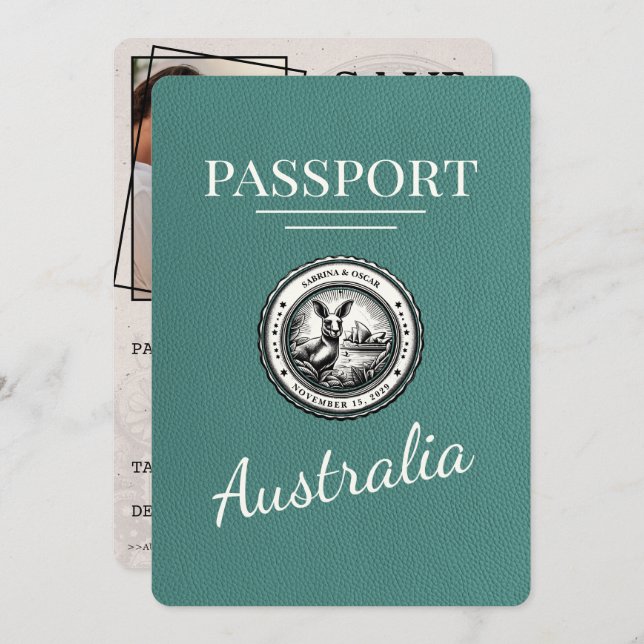 Turquoise Australia Passport Save The Date (Front/Back)