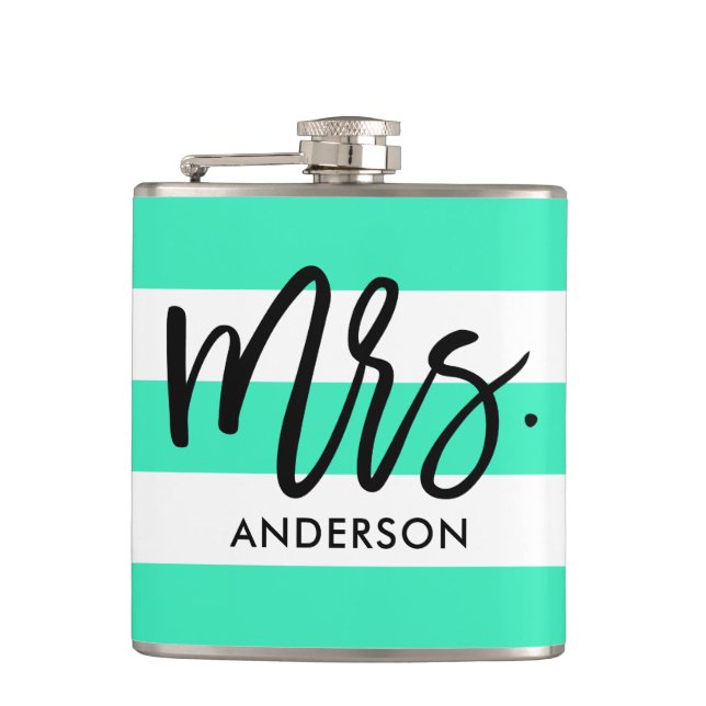 Turquoise Awning Stripes and Mrs. Text Hip Flask (Front)