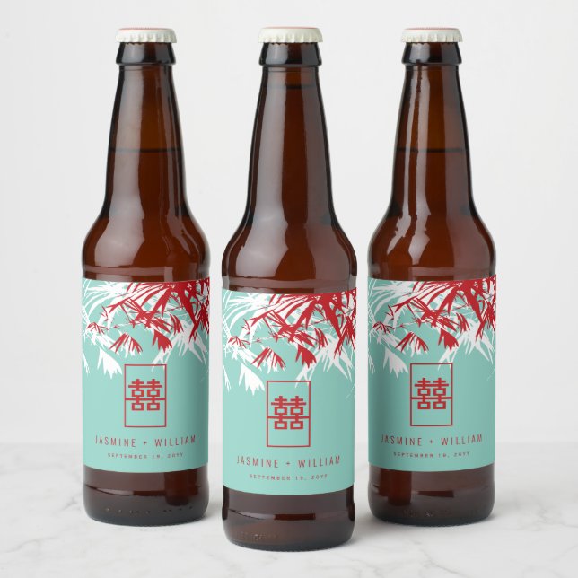 Turquoise Bamboo Leaves Double Xi Chinese Wedding Beer Bottle Label (Bottles)