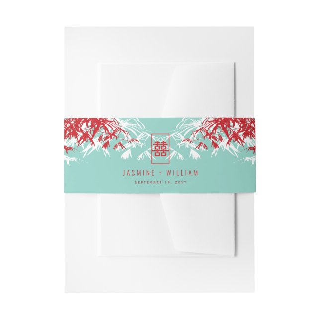 Turquoise Bamboo Leaves Double Xi Chinese Wedding Invitation Belly Band (Front Example)