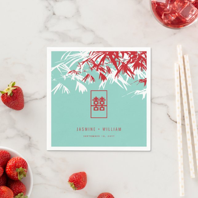 Turquoise Bamboo Leaves Double Xi Chinese Wedding Napkin (Insitu)