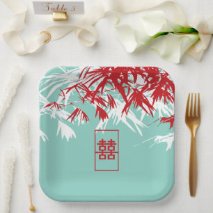 Turquoise Bamboo Leaves Double Xi Chinese Wedding Paper Plate