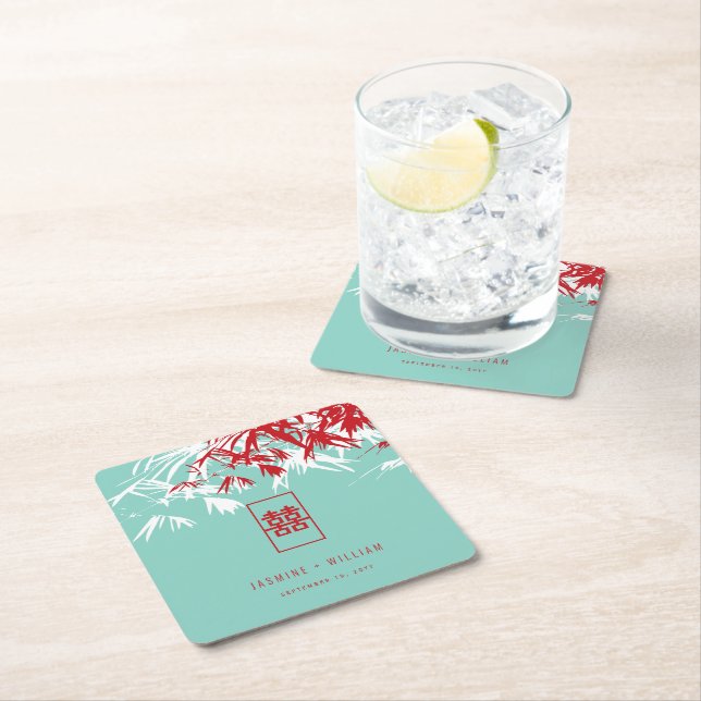 Turquoise Bamboo Leaves Double Xi Chinese Wedding Square Paper Coaster (Insitu)