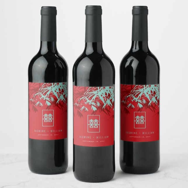 Turquoise Bamboo Leaves Double Xi Chinese Wedding Wine Label (Bottles)