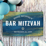 Turquoise Bar Mitzvah Gold Bold Modern Typography  Banner<br><div class="desc">Be proud, rejoice and showcase this milestone of your favourite Bar Mitzvah! Hang up this cool, unique, modern, personalised banner to add to his special day. Metallic gold foil brush strokes and Star of David, along with bold, white typography, overlay a rich, turquoise blue ombre paint background. Personalise the custom...</div>