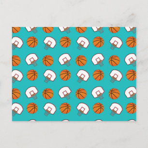 Turquoise basketballs and nets pattern postcard