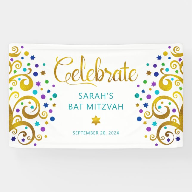 Turquoise Bat Mitzvah Gold Foil Script Tree o Life Banner (Horizontal)