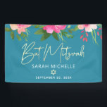 Turquoise Bat Mitzvah Pink Floral Gold Script Bold Banner<br><div class="desc">Proudly welcome every guest of your daughter’s Bat Mitzvah party! Hang up this stunning, modern, stylish, personalised banner to add to her special day. A chic, stunning, pink and peach floral watercolor with faux gold foil script typography, Star of David and white sans serif type overlay a dusty turquoise teal...</div>