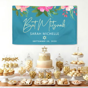 Turquoise Bat Mitzvah Pink Floral Gold Script Bold Banner