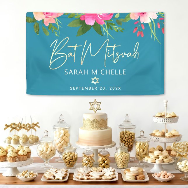 Turquoise Bat Mitzvah Pink Floral Gold Script Bold Banner (Creator Uploaded)